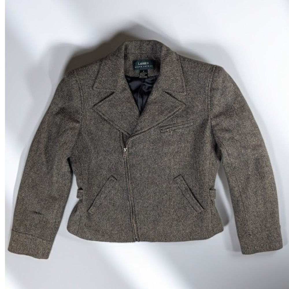 Lauren Ralph Lauren Women's 6 Brown Tweed Wool Zip Blazer Moto Jacket